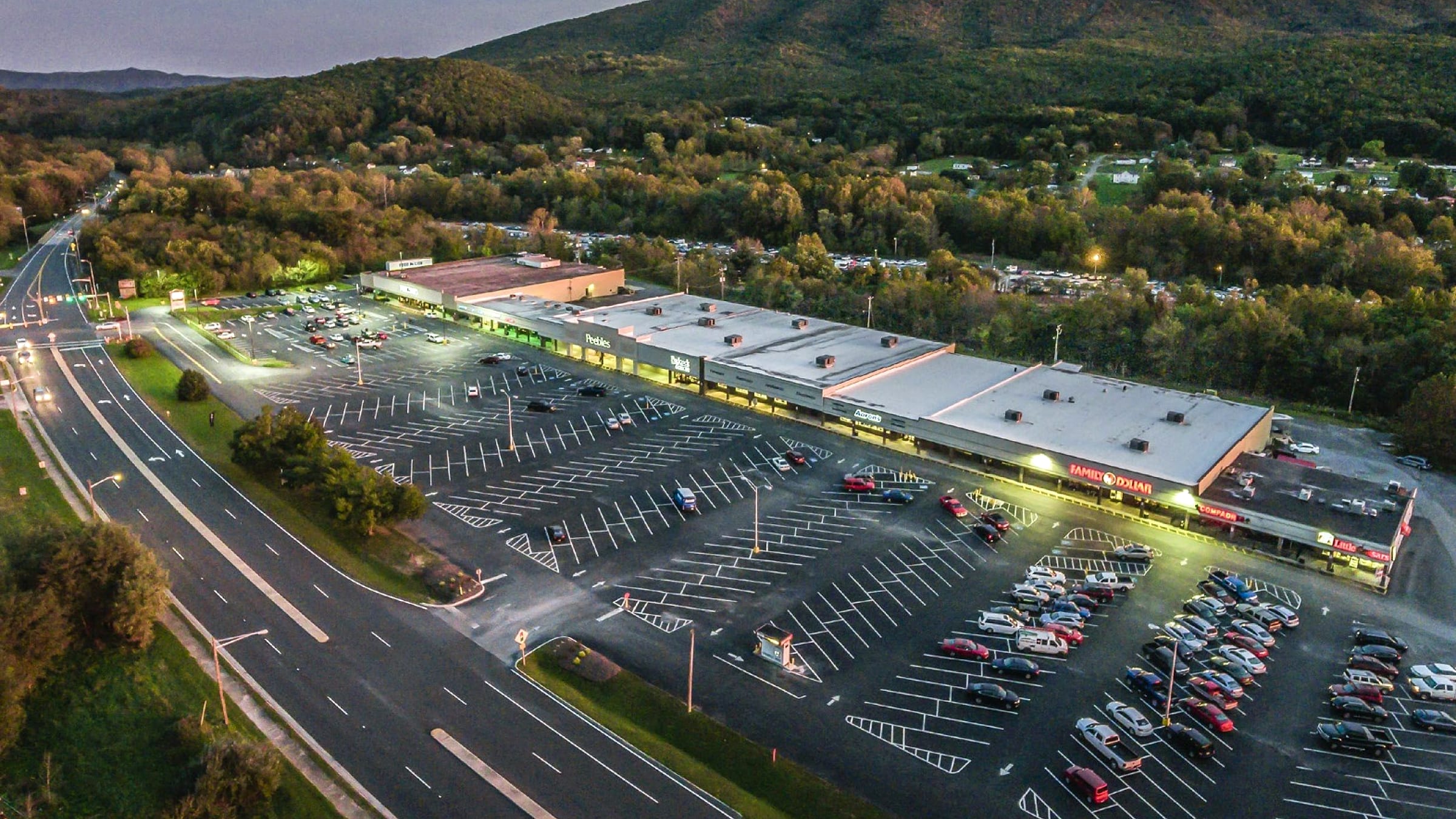 Aerial dusk view of a Dragonfly-operated shopping center